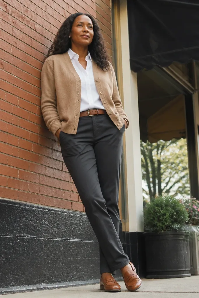 White shirt under camel knitted cardigan with charcoal chinos and brown belt