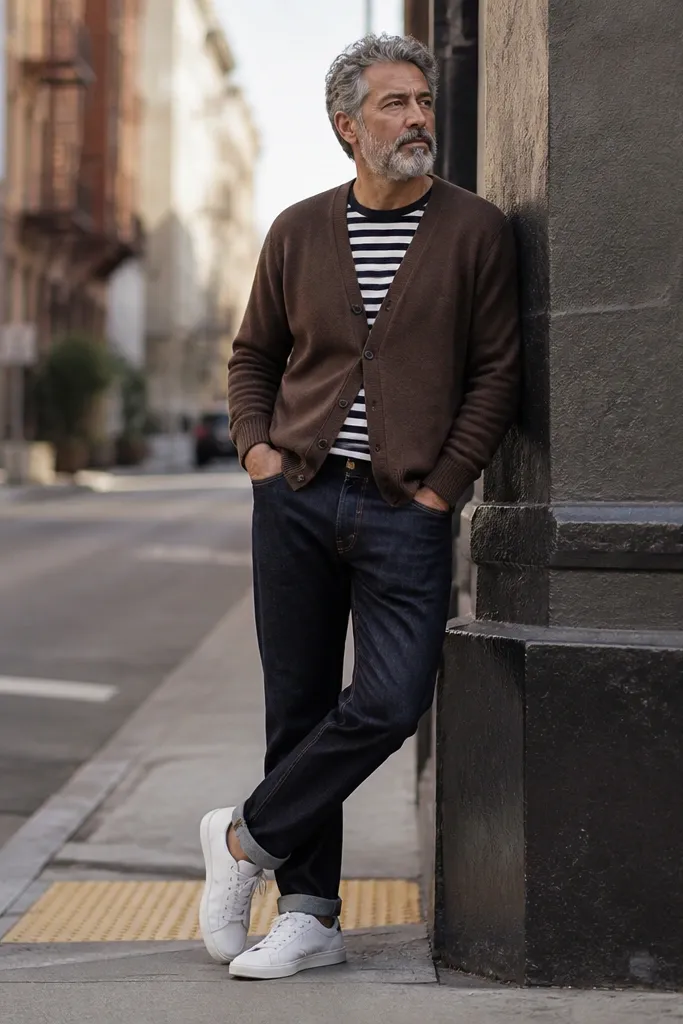 Chocolate knitted cardigan over striped tee with dark indigo jeans and sneakers