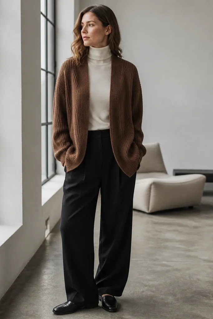 Brown ribbed cardigan over a turtleneck with wide-leg trousers and leather shoes