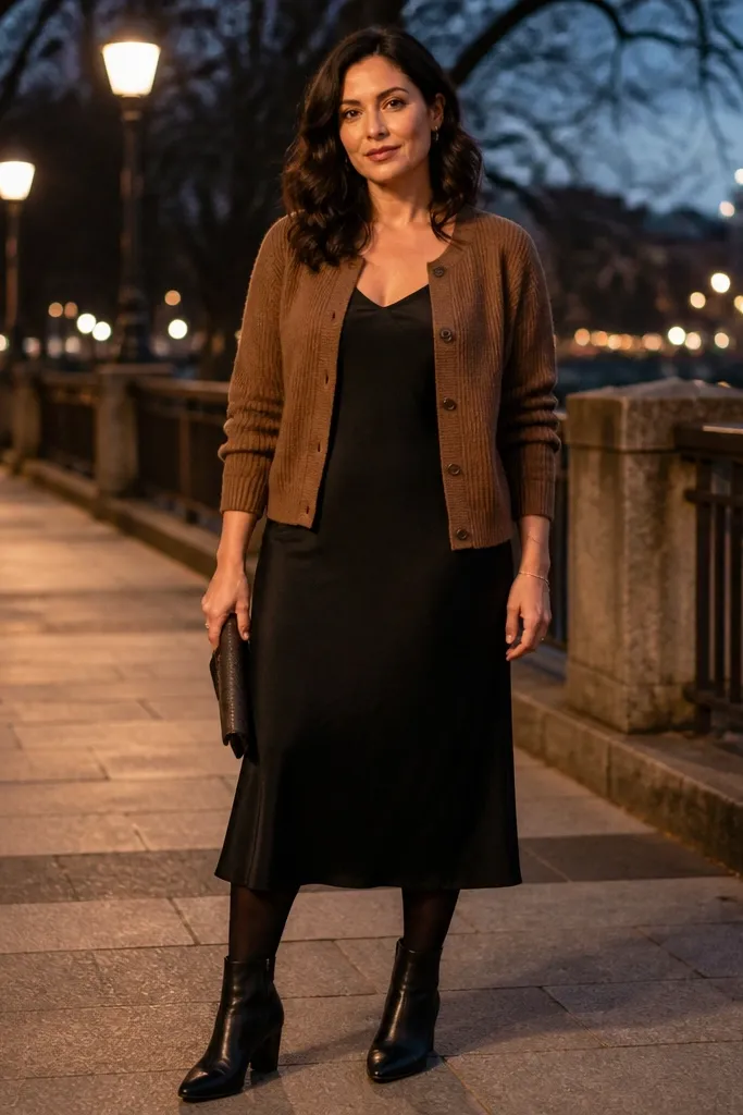 Brown knitted cardigan over a black midi slip dress with tights and ankle boots
