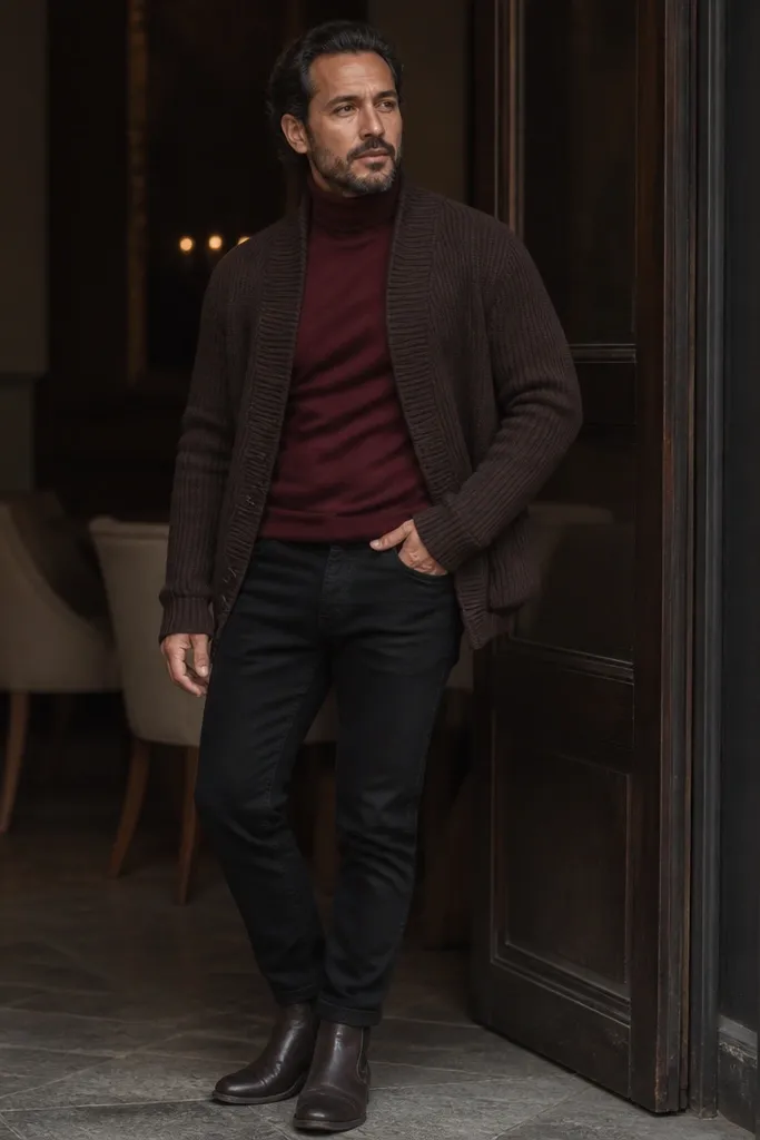 Burgundy turtleneck under dark brown knitted cardigan with black jeans and boots