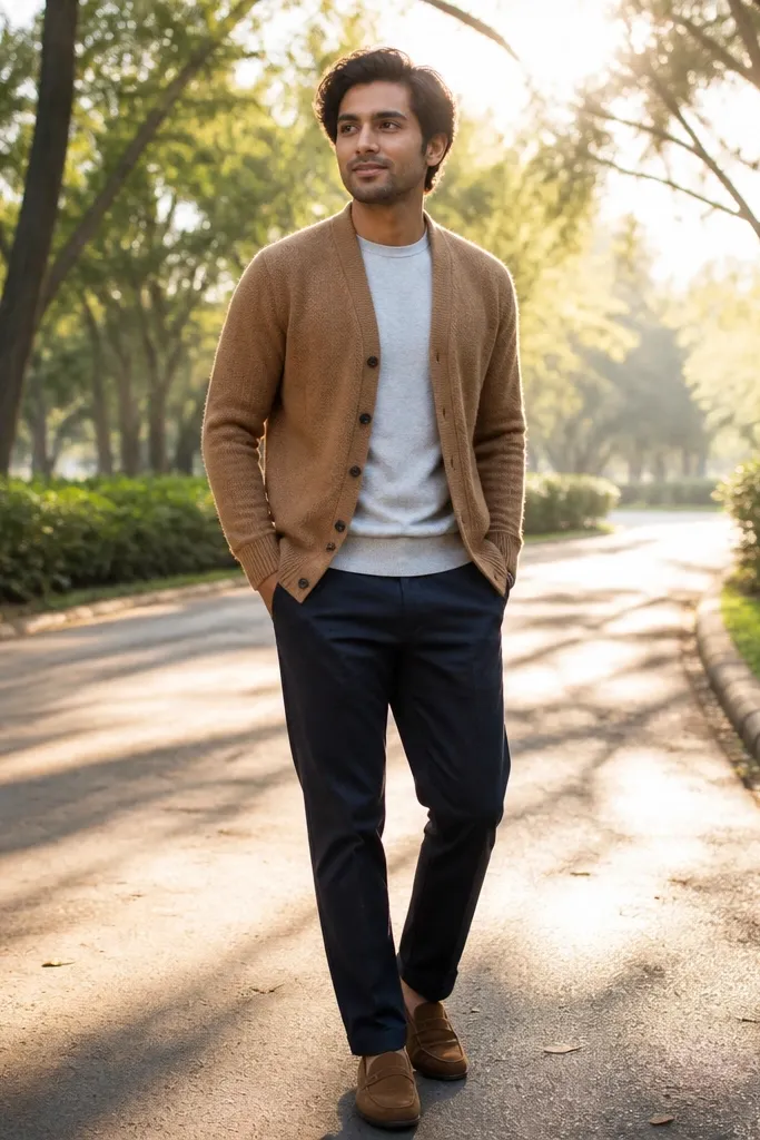 Light gray tee under caramel knitted cardigan with navy chinos and brown loafers