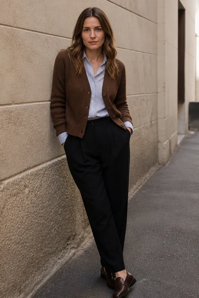 Brown knitted cardigan over striped shirt with pleated trousers and leather shoes