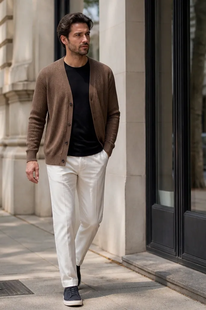 Brown knitted cardigan over black t-shirt with cream trousers and dark sneakers