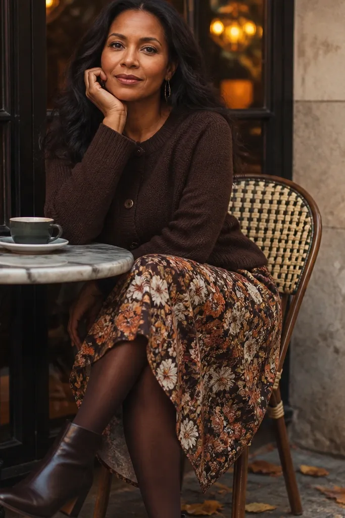 Chocolate knitted cardigan over a floral skirt with dark tights and ankle boots