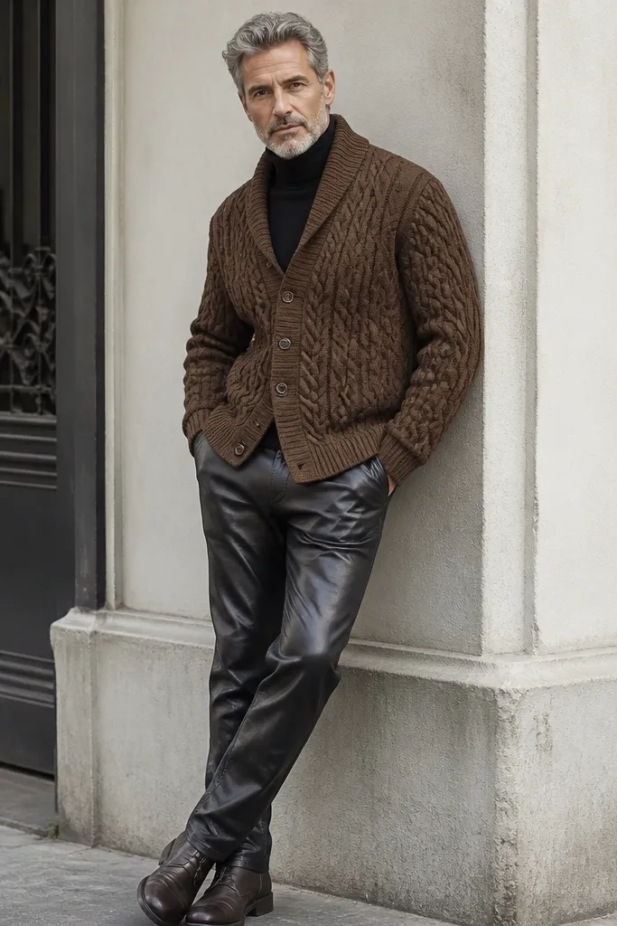 Brown cable knitted cardigan over black turtleneck with leather pants and boots