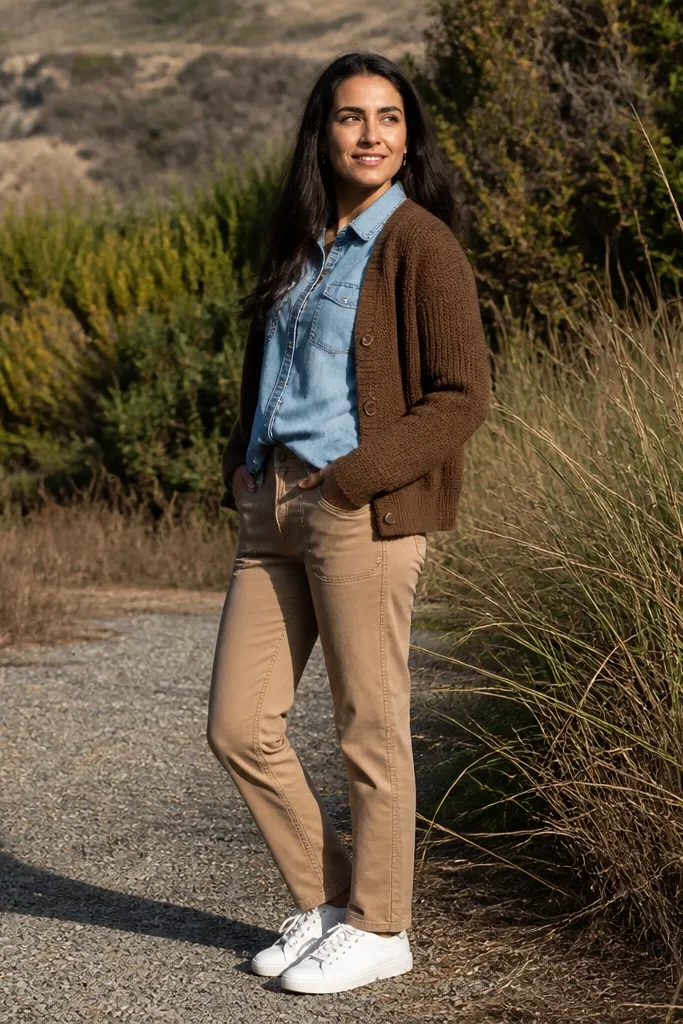 Brown knitted cardigan over denim shirt with tan chinos and white sneakers