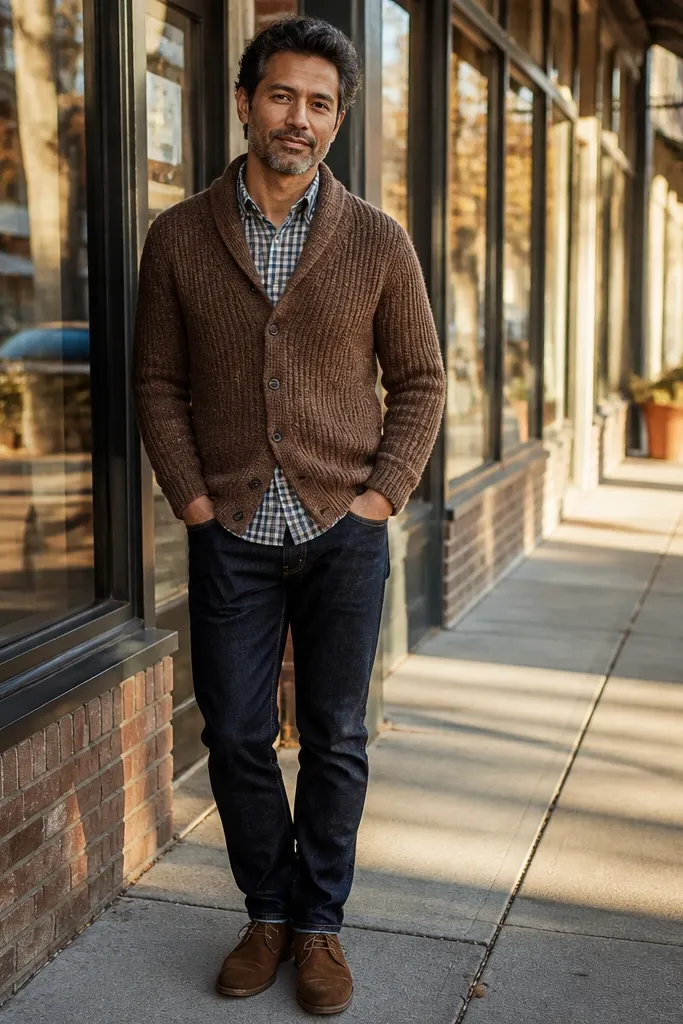 Brown knitted cardigan over gingham button-down with dark jeans and brown loafers