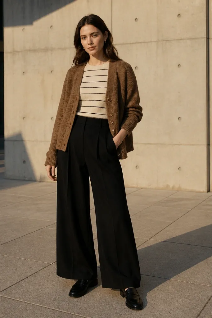 Caramel knitted cardigan over striped knit top with black wide-leg pants and heels