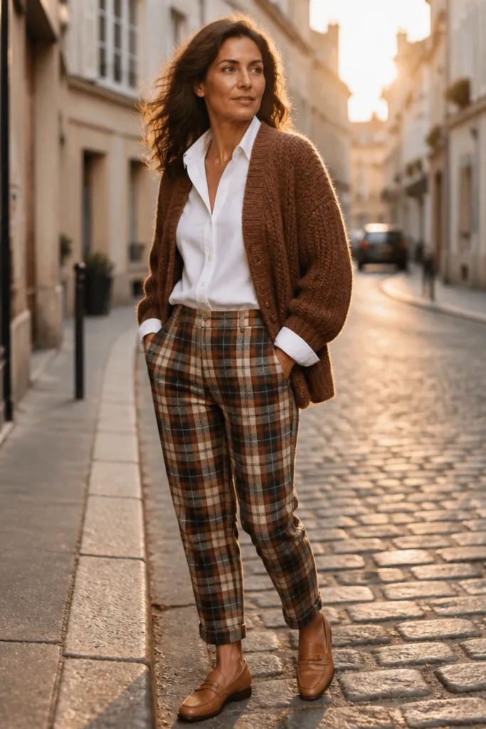 White shirt under brown knitted cardigan with brown-toned plaid trousers and leather shoes
