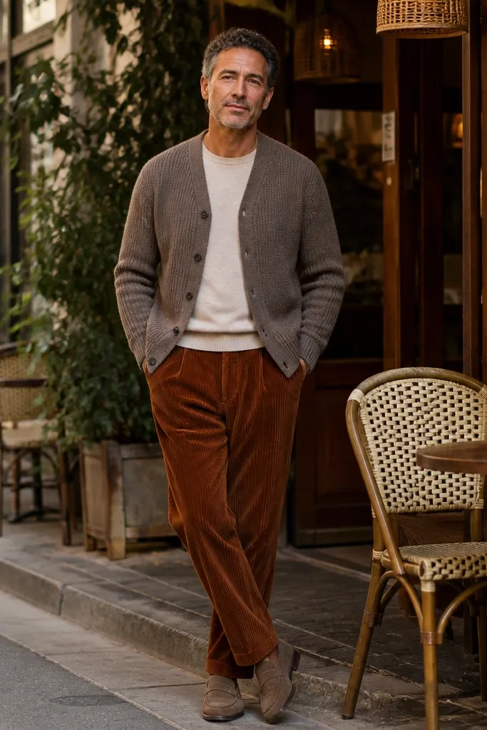 Mocha knit cardigan over oatmeal top with rust corduroy pants and suede loafers