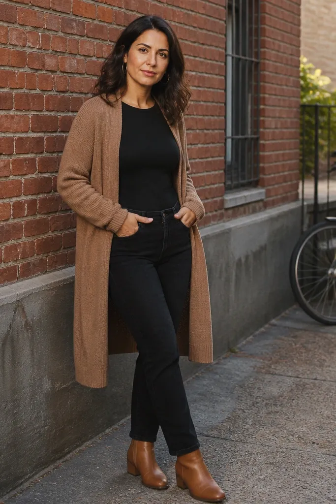 Camel long cardigan over black straight jeans with tan boots