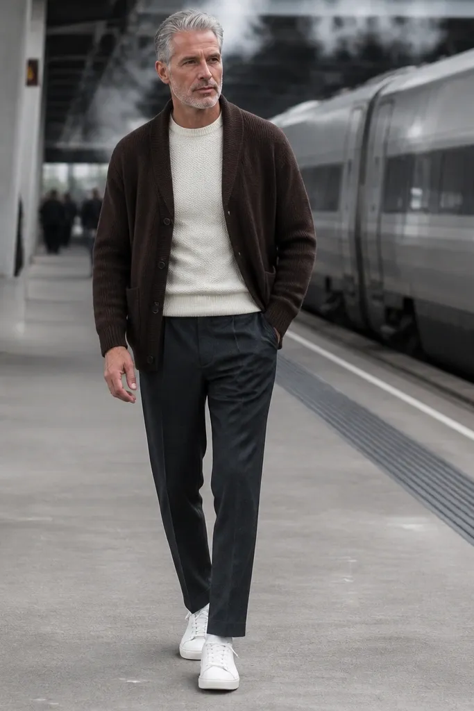 Chocolate long cardigan with charcoal trousers and white sneakers