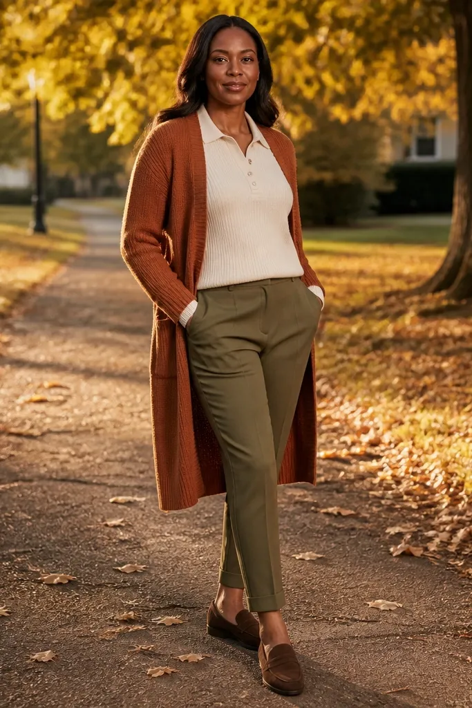 Rust long cardigan over olive chinos with suede loafers