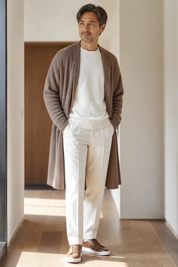 Mocha long cardigan with cream trousers and chestnut leather sneakers