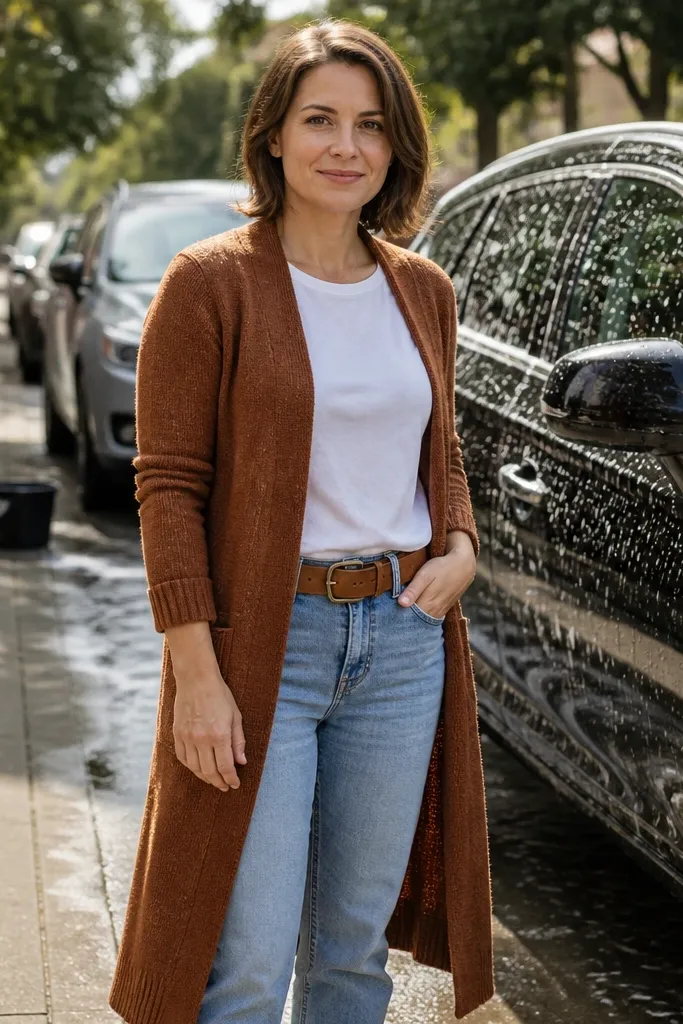 Cinnamon long cardigan over light blue straight jeans with a tan belt