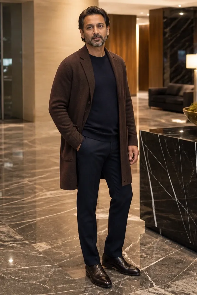 Deep brown long cardigan over navy chinos with dark leather shoes