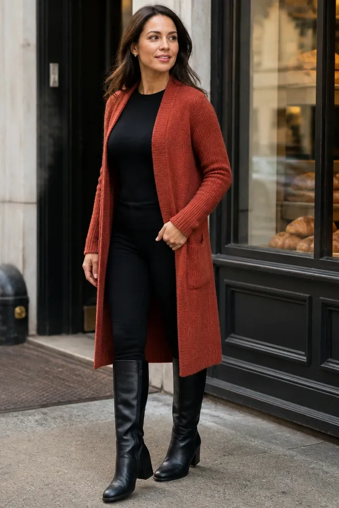 Terracotta long cardigan over black leggings with knee-high boots