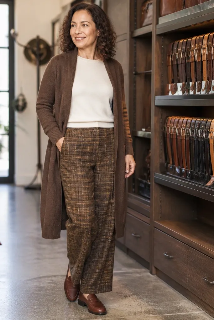 Mocha long cardigan over brown plaid trousers with loafers