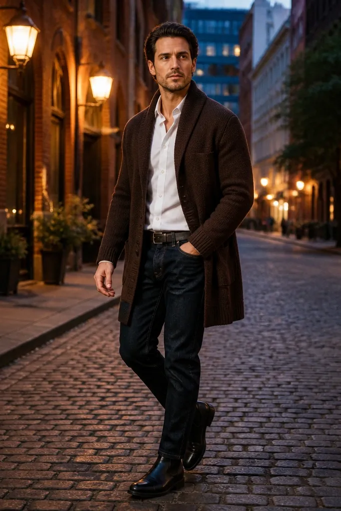 Chocolate long cardigan over a white shirt with dark jeans and chelsea boots