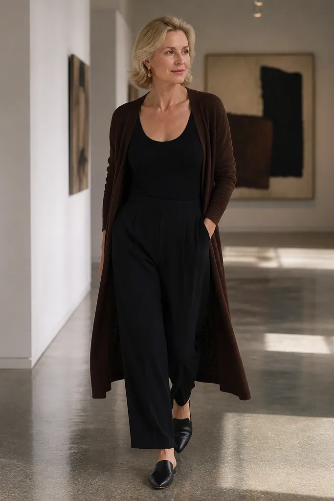 Cocoa long cardigan over black wide-leg trousers with mules