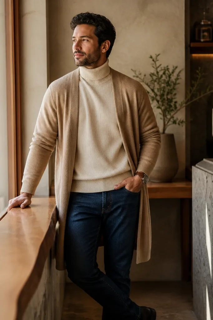 Tan long cardigan over cream turtleneck with dark wash jeans