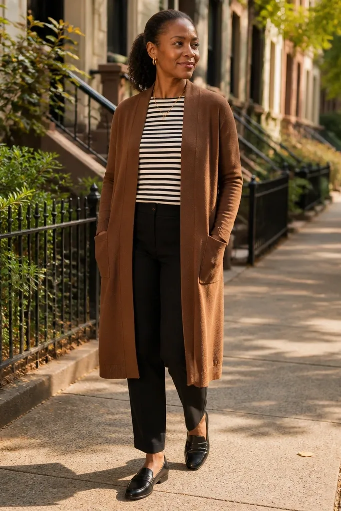 Chestnut long cardigan over striped shirt with black trousers