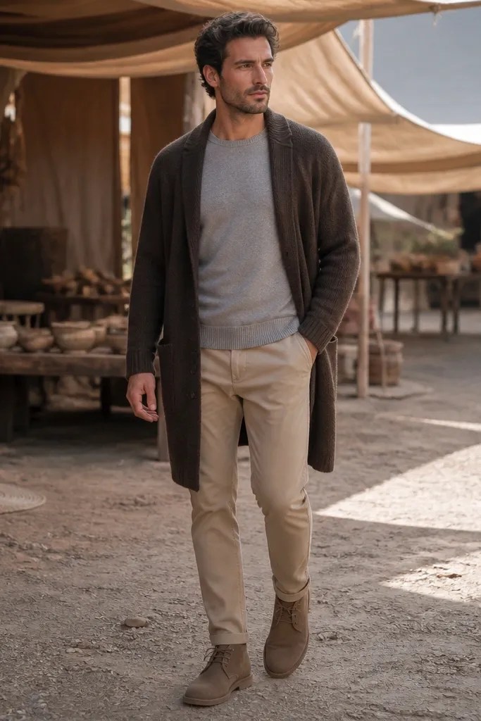 Dark brown long cardigan over beige chinos with suede desert boots