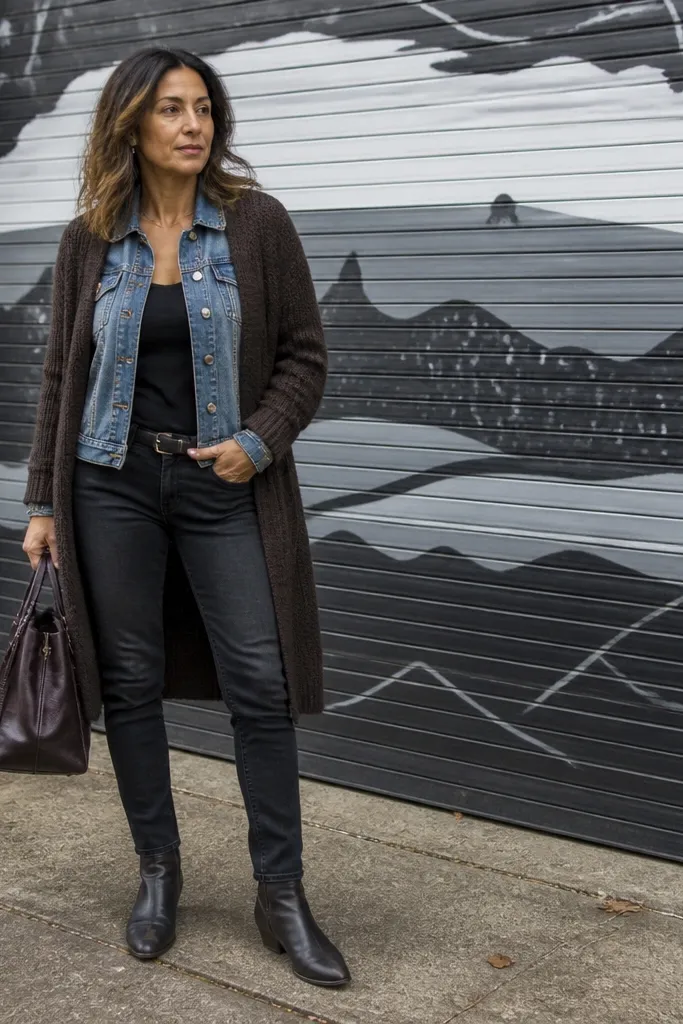 Espresso long cardigan over a denim jacket with black jeans