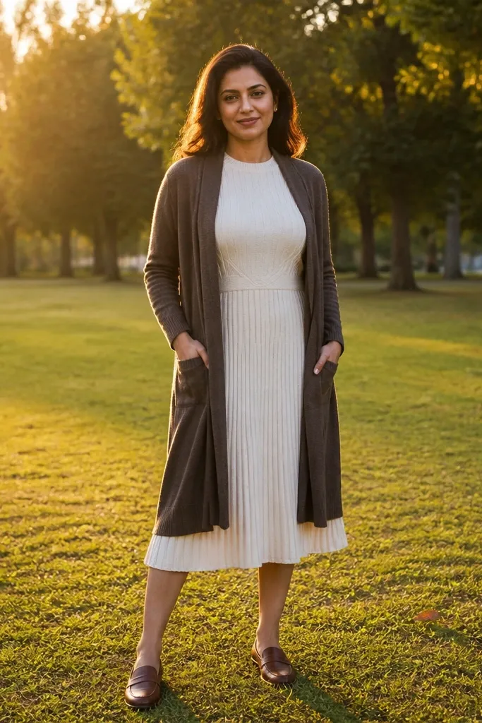 Olive long cardigan over a cream knit dress with brown loafers