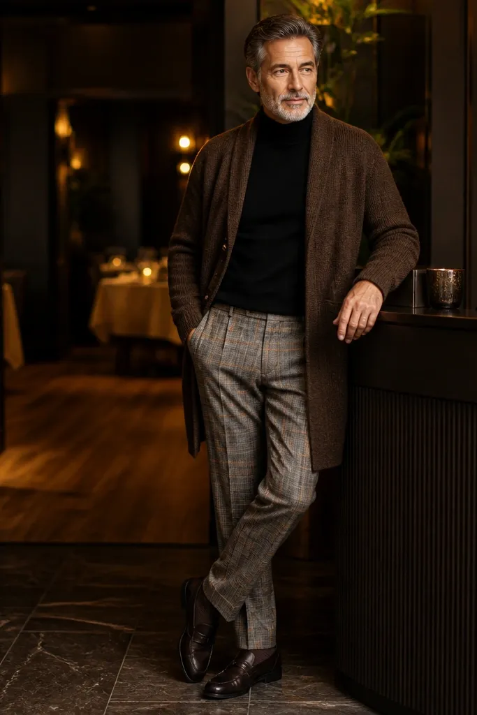 Brown long cardigan over black turtleneck with grey plaid trousers
