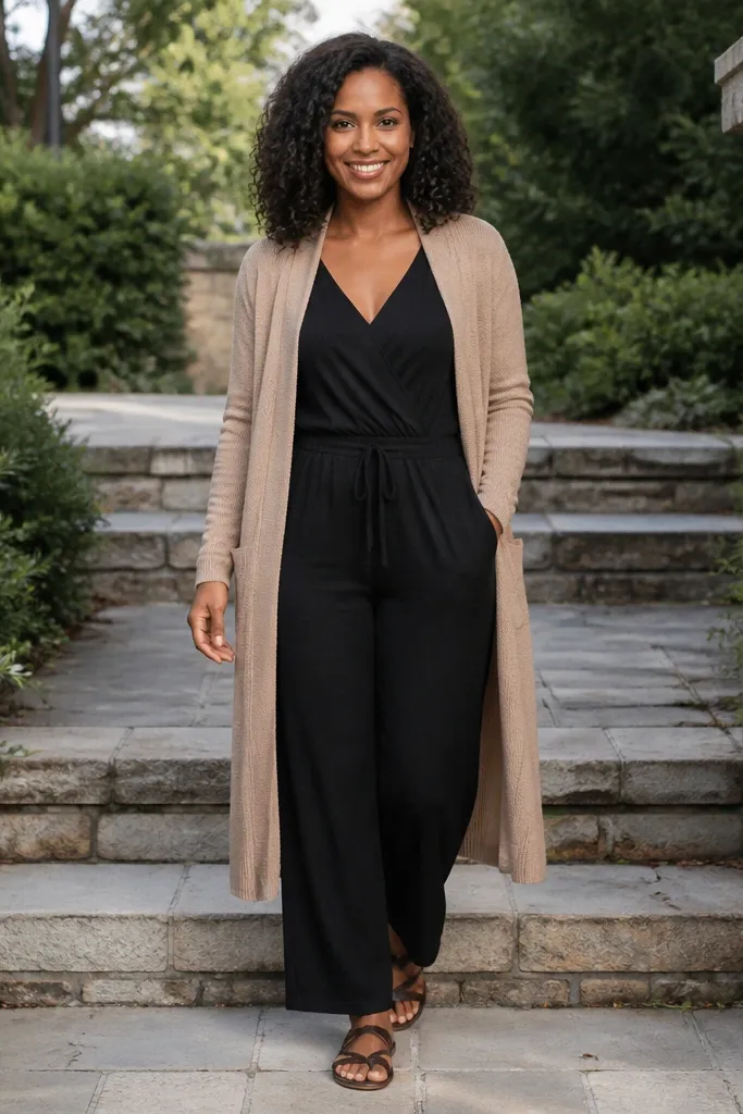 Tan long cardigan over a black jumpsuit with strappy sandals