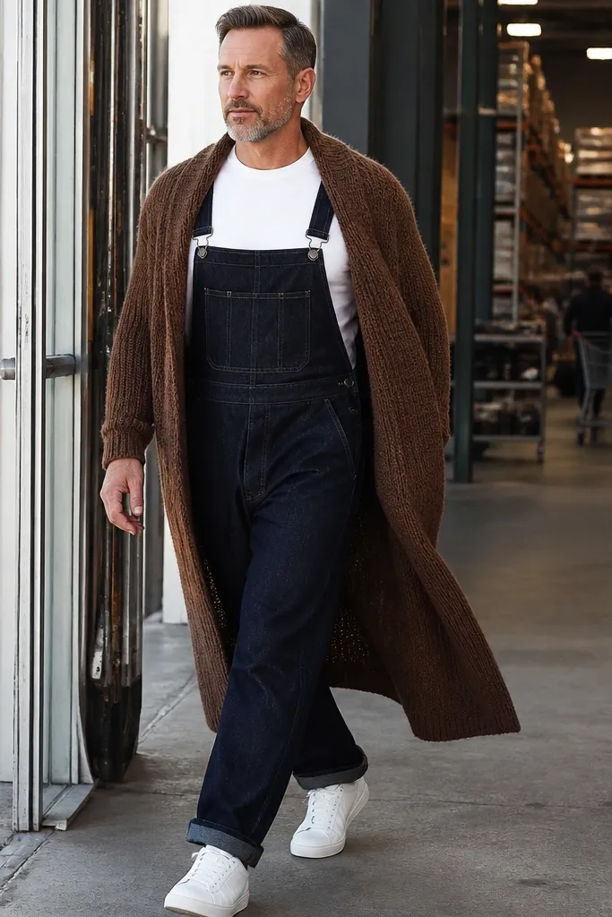 Brown long cardigan over denim overalls with white sneakers