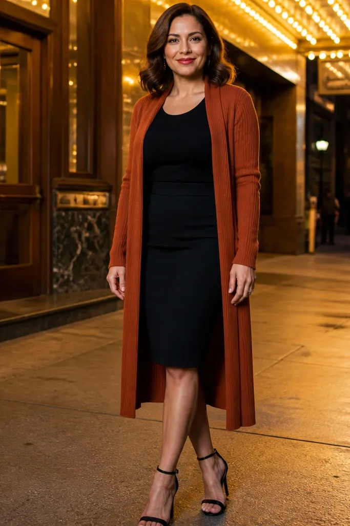 Rust long cardigan over a black pencil skirt with ankle strap heels