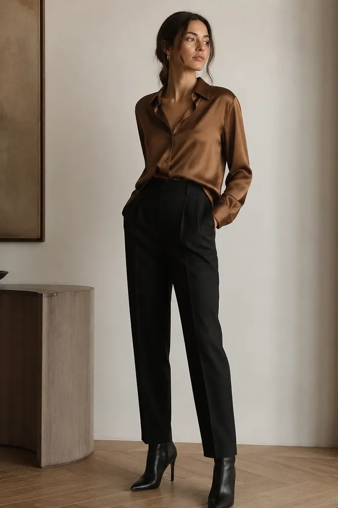 A cognac brown satin button-up is partially tucked into high-waisted black trousers, styled with small gold hoop earrings and heeled ankle boots.