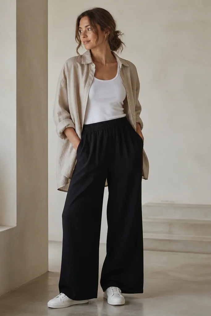An oversized tan linen shirt is worn open over a white tank, paired with relaxed wide-leg black pants and clean white low-top sneakers.