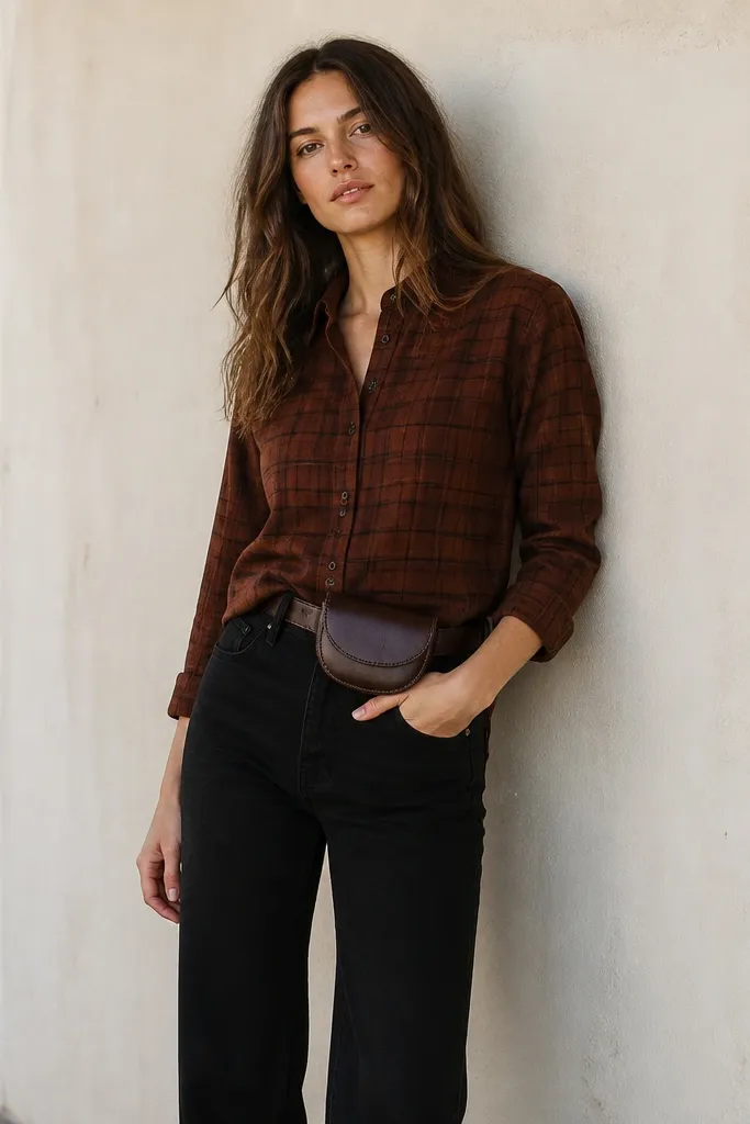 A burnt umber flannel is worn buttoned up and half-tucked into black straight-leg jeans, with a brown leather belt bag across the waist.