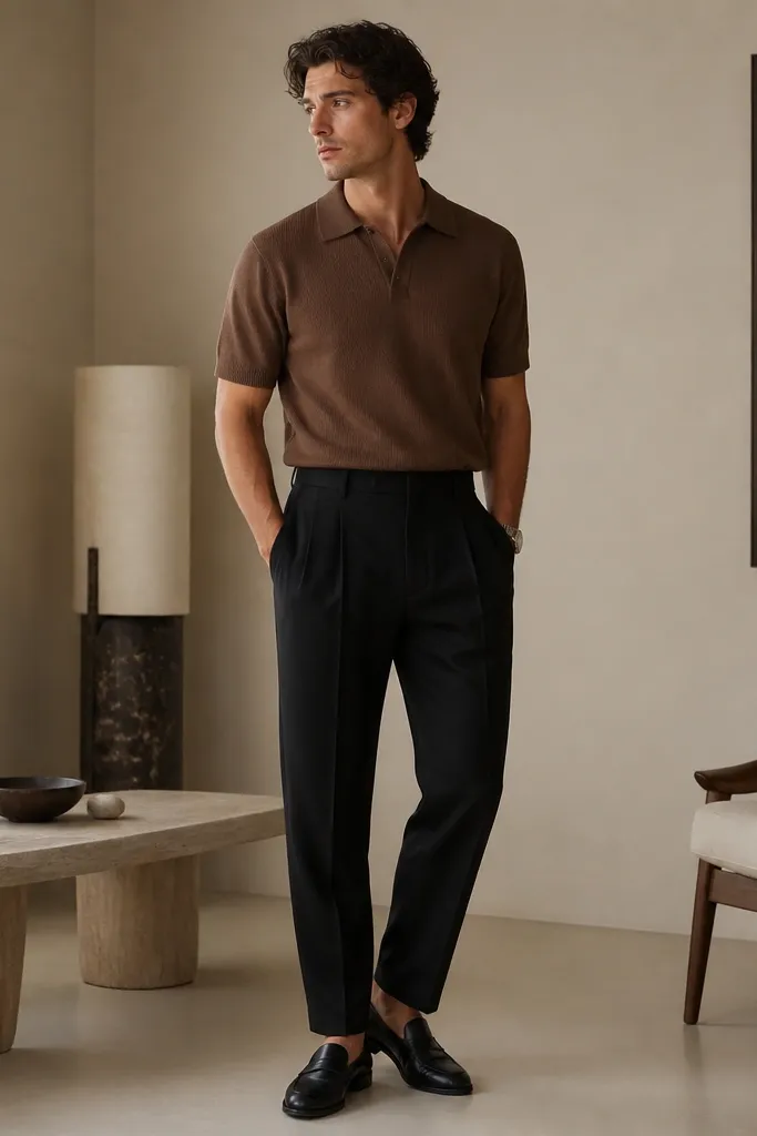 A medium brown knit polo (collar visible) is worn tucked into black pleated trousers with classic black loafers and no-show socks.