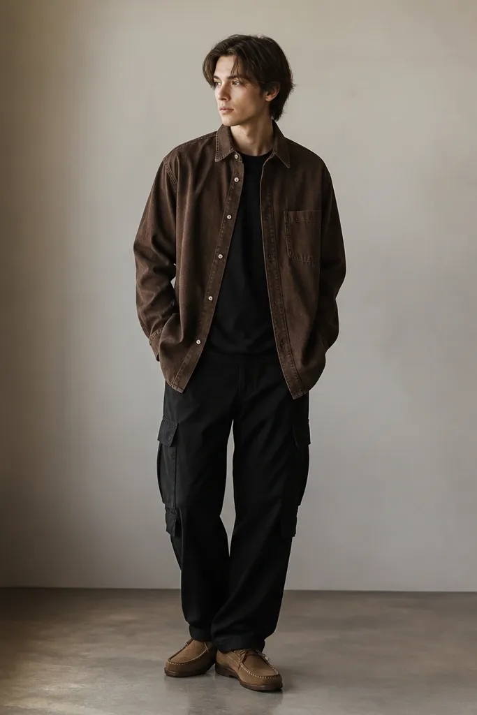A dark brown denim button shirt is worn slightly oversized over a black tee, with black cargo pants and suede moccasins.