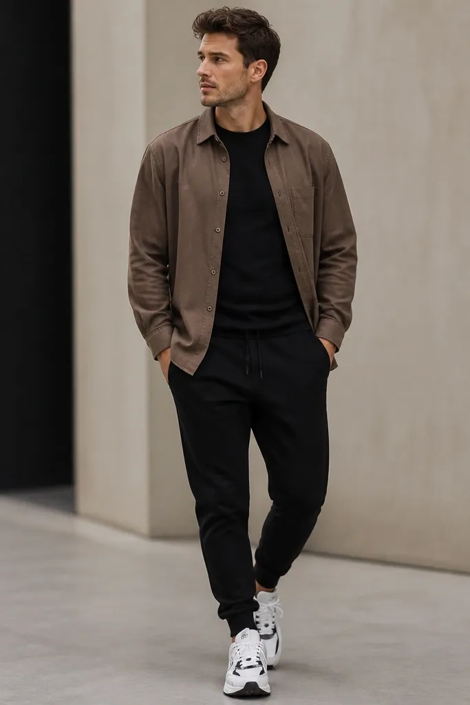 A mocha brown overshirt is worn open over a black tee with black joggers, paired with white-and-black athletic trainers.