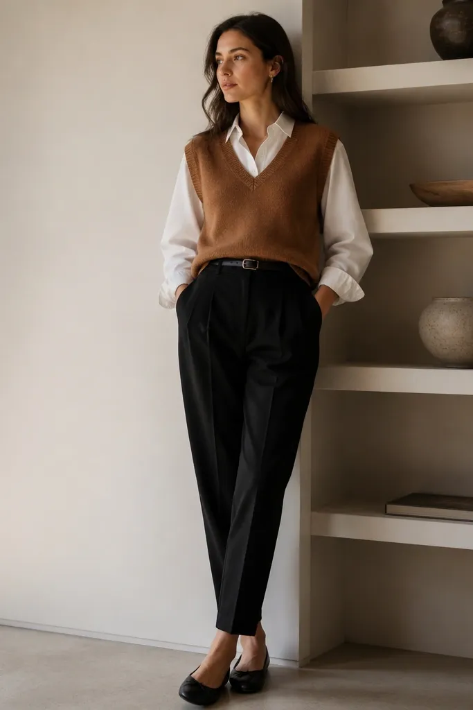 A caramel brown sweater vest layered over a crisp white shirt, paired with high-waist black pants and black ballet flats.