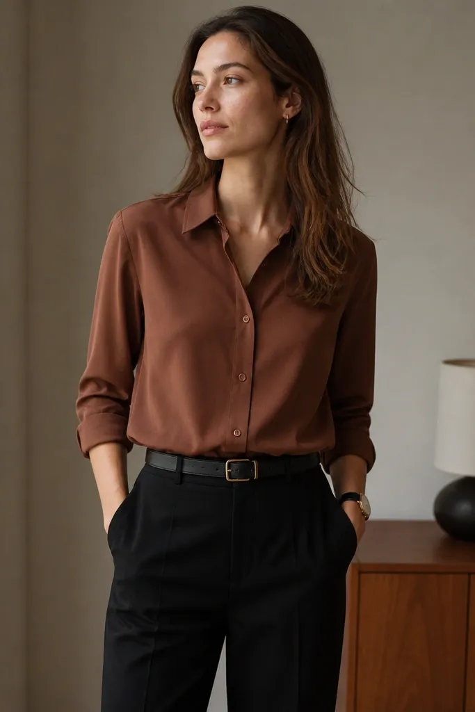 A rust-brown Tencel button-up is tucked into black straight-leg slacks, finished with a minimal wristwatch and sleek black belt.