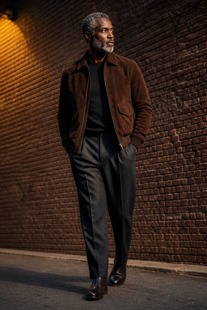 Chocolate suede jacket with black crewneck and charcoal pleated trousers, wearing brown suede boots