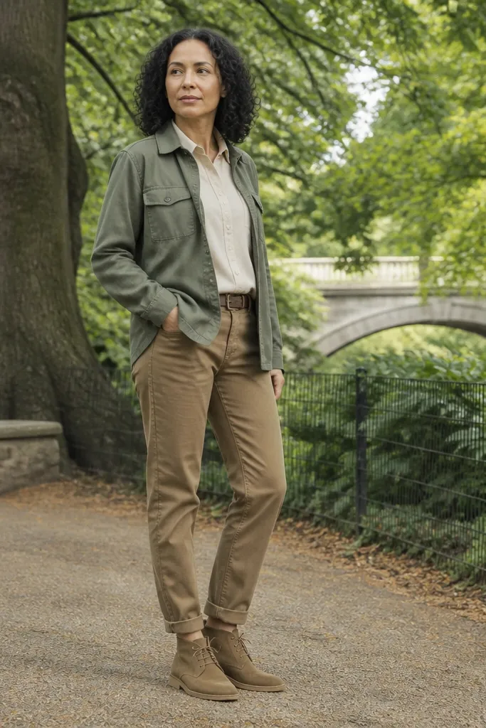 Olive overshirt over oatmeal oxford shirt with tan chinos and brown suede desert boots