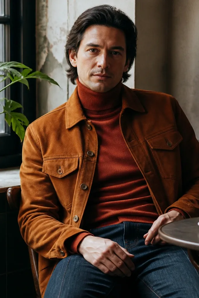 Rust turtleneck under a cognac suede jacket with dark straight-leg jeans and brown suede shoes