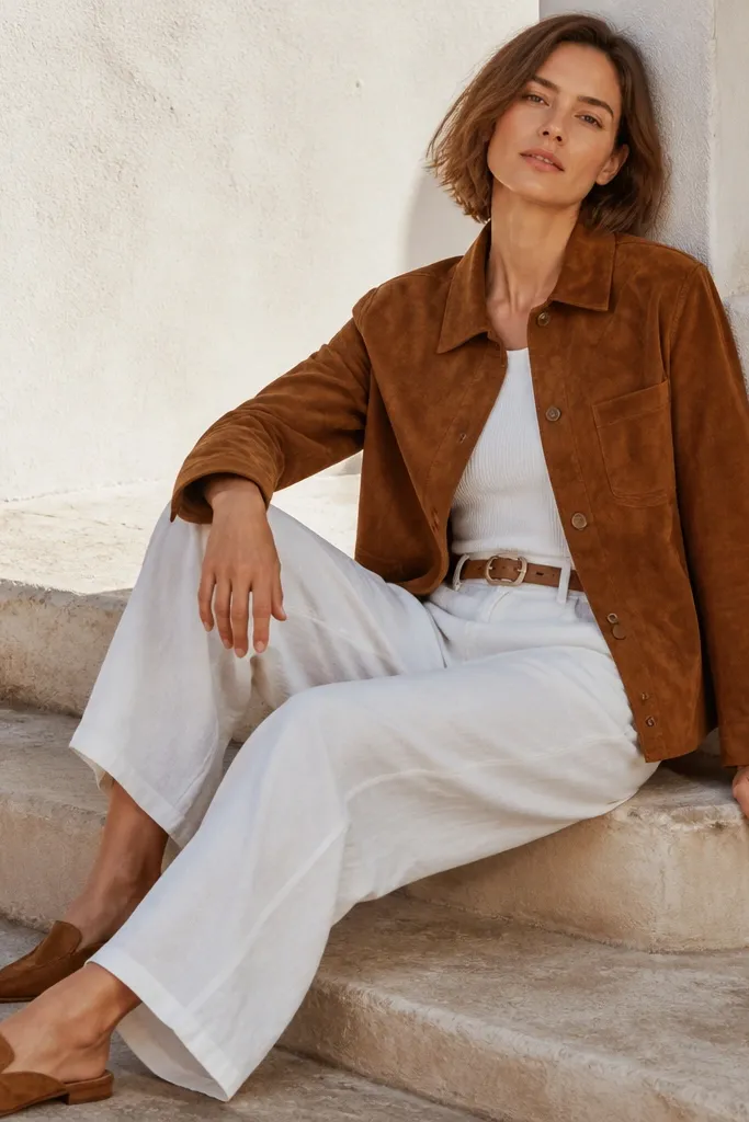 Sienna suede shirt jacket with white linen trousers and tan belt, wearing brown suede mules