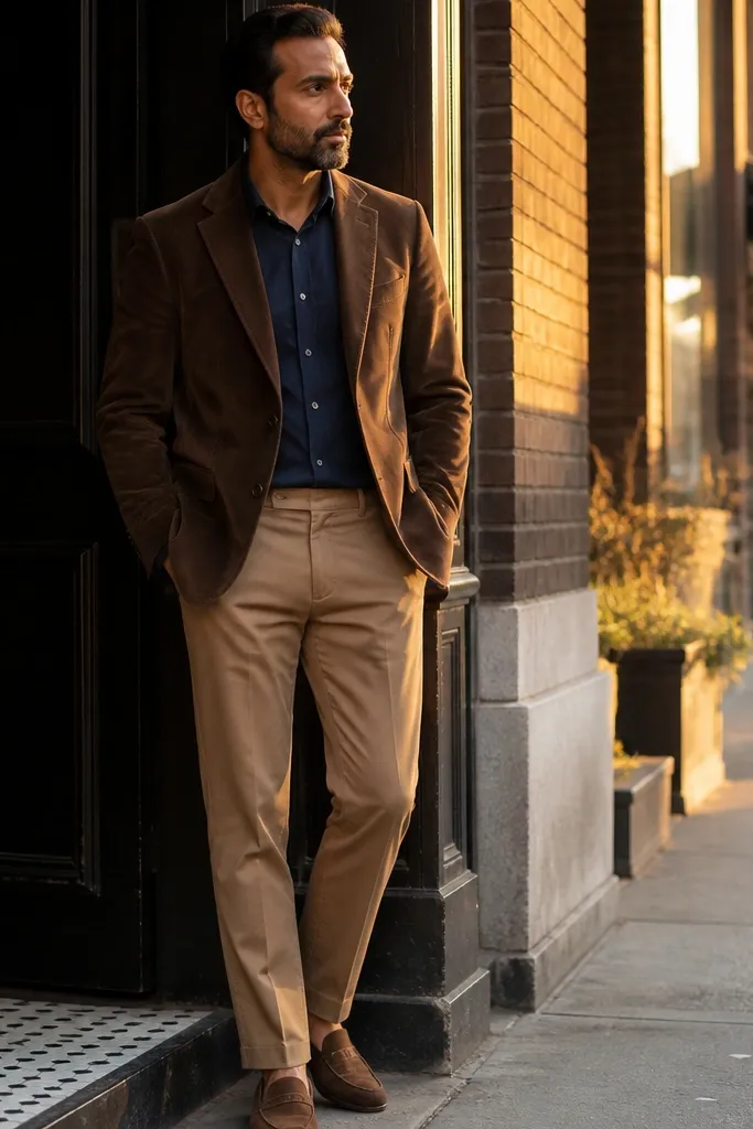 Chocolate suede blazer over a navy button-down with camel chinos and brown suede loafers