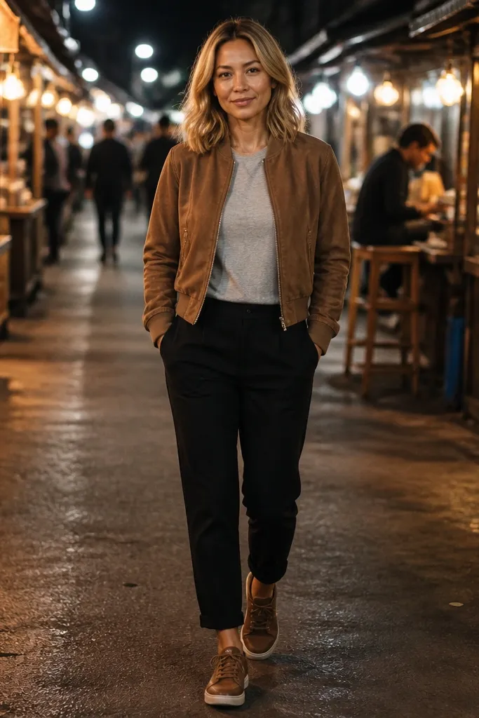 Mocha suede bomber with light gray tee, black tapered trousers, and brown suede sneakers