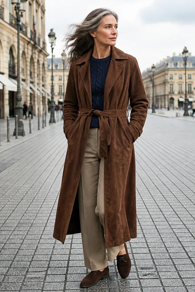 Brown suede trench over a navy knit sweater with beige trousers and brown suede derbies