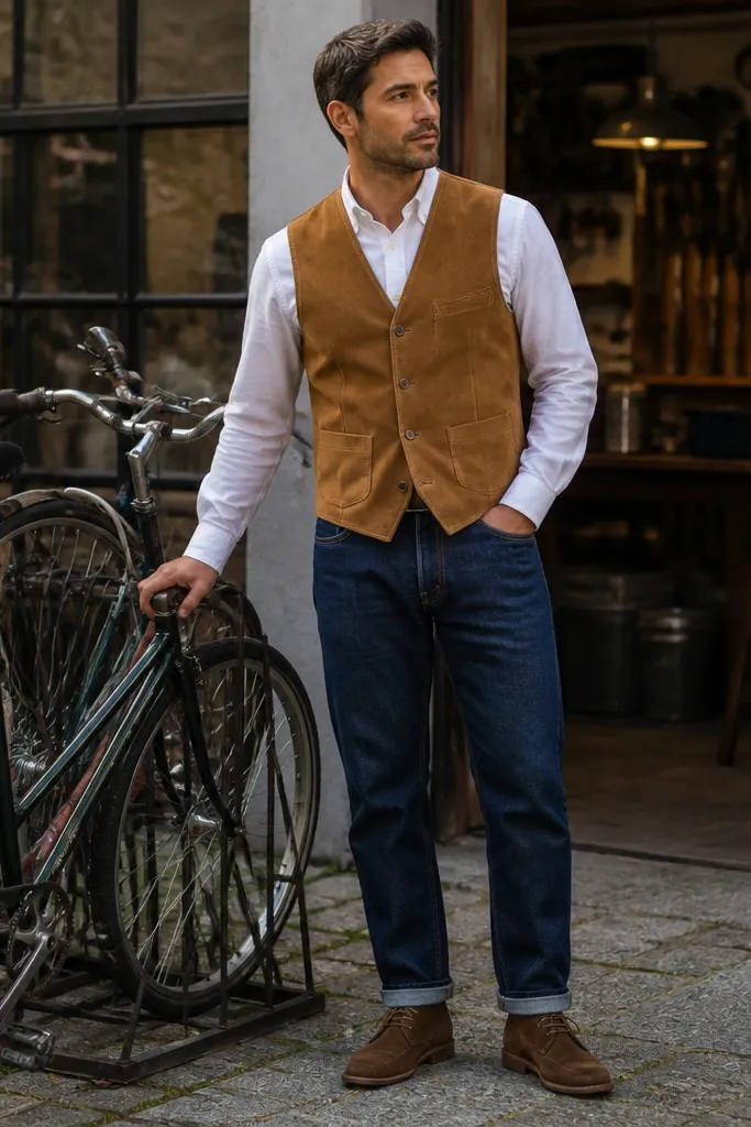 Tan suede vest over a white shirt with blue selvedge jeans and brown suede chukkas